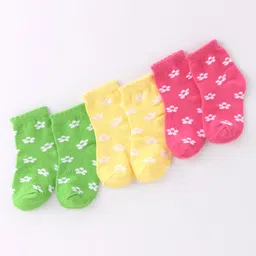 Doodle Poodle Cotton Knit Ankle Length Floral Design Socks Pack of 3 - Green Yellow & Pink-picture-28