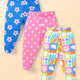 Babyhug Cotton Knit Full Length Floral & Polka Dot Printed Bootie Leggings Pack of 3 - Blue & Pink-picture-17
