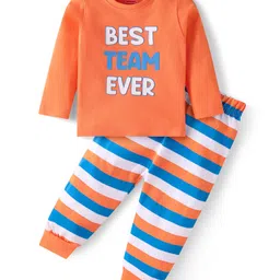 Babyhug Cotton Knit Full Sleeves Striped & Text Printed Night Suit - Orange-image-54