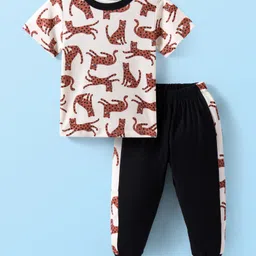 CrayonFlakes Cotton Half Sleeves Dinosaur Printed Coordinating Tee & Joggers Set - Off White-image-59
