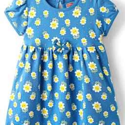 Babyhug Single Jersey Knit Half Sleeves Floral Printed Frock with Bow Applique - Royal Blue-picture-12