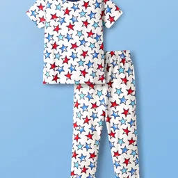 Pine Kids Single Jersey Knit Half Sleeves Co-Ord Night Suit With Star Print - White-picture-12