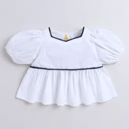 Aww Hunnie 100% Cotton Half Puffed Sleeves Lace Detailed Peplum Top - White-image-65