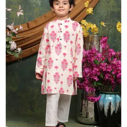 Saka Designs By Sapna Cotton Woven Full Sleeves Floral Printed Kurta Pyjama Set - Cream & Pink-picture-16