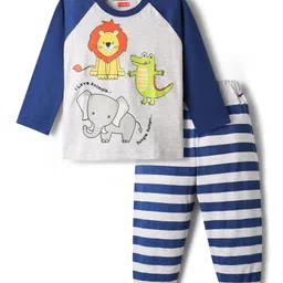 Babyhug Cotton Knit Full Raglan Sleeves Night Suit With Animal Print - Blue-picture-12