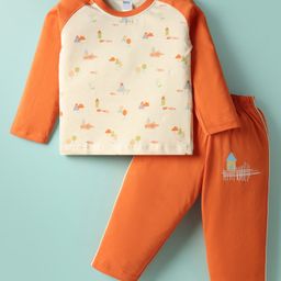Tango Single Jersey Knit Full Sleeves T-shirt & Lounge Pant Set with Forest Theme Print - Orange & Cream-picture-20