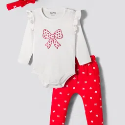 Bonfino 100% Cotton Full Sleeves Bow Printed Onesies With Leggings & Headband - Red & White-picture-10