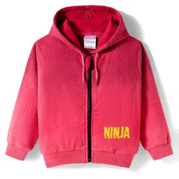 BUMZEE Cotton Blend Knit Full Sleeves Text Printed Hooded SweatJacket - Coral-image-15