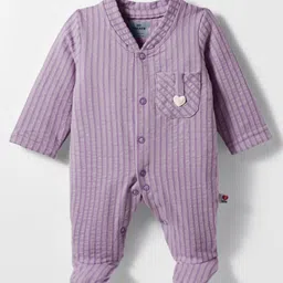 Mini Taurus Interlock Knit Full Sleeves Footed Night Suit With Stripes & Heart Applique - Purple-picture-12