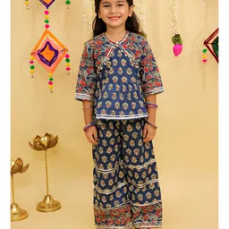AJ Dezines Cotton Woven Navratri Theme Three Fourth Sleeves Floral Printed & Gota Lace Embellished Top & Palazzo Set - Blue-picture-36