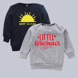 Kadam Baby Cotton Knit Diwali Theme Pack Of 2 Full Sleeves Little Firecracker Text Printed Light Winter Sweatshirts - Grey & Black image 1