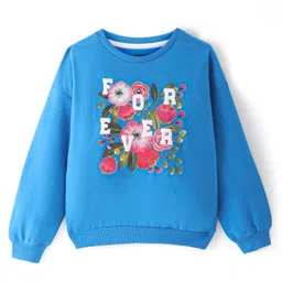 Pine Kids Cotton Knit Full Sleeves Drop Shoulder Sweatshirt with Text & Floral Print - Blue image 2