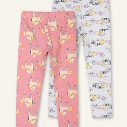 Ariel Cotton Knit Pack Of 2 Unicorn & Cats Printed Leggings - Grey & Orange image 3
