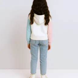 Bubble Berry Knit Full Sleeves Colour Blocked & Aesthetic Text Printed Hooded Oversized Winter Sweatshirt - White Pink & Sky Blue image 5