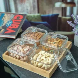 Goodhomes Transparent & Brown Glass Nut Bowl with Wooden Tray - Set of 5-picture-21