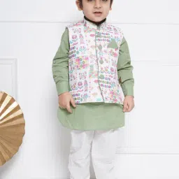 AJ Dezines Kids Green & White Printed Full Sleeves Kurta, Pyjamas with Waistcoat-image-19