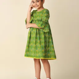 Fabindia Kids Dark Green Printed Dress image 4