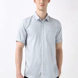 Peter England Blue Cotton Slim Fit Striped Shirt-picture-36