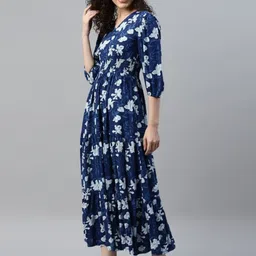 Femvy Women Floral Printed V-Neck Fit And Flare Midi Dress-image-3