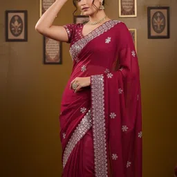 krisha fashion Embellished Embroidered Poly Georgette Heavy Work Saree image 2