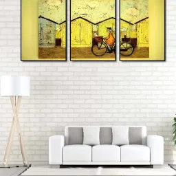 999store Yellow & Brown Printed Art Bicycle Paintings - Set of 3 image 1