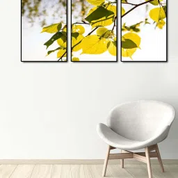 999store White & Yellow Printed Leaves Paintings - Set of 3 image 1