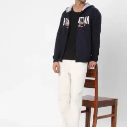 R&B Navy Cotton Regular Fit Graphic Hooded Jacket image 5