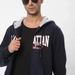 R&B Navy Cotton Regular Fit Graphic Hooded Jacket image 3