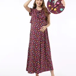 Bella Mama 100% Cotton Knit Half Sleeves Concealed Zipper Nursing Nighty Floral Print - Purple-picture-21