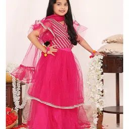 KID1 Half Ruffle Sleeves Lace & Beads Embellished Net Lehenga Choli With Dupatta - Rani pink-picture-18