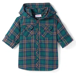 Babyhug Cotton Woven Full Sleeves Checkered Hooded Shirt - Dark Green-picture-15