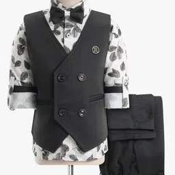Rikidoos Full Sleeves Abstract Printed Shirt With Textured Waistcoat Pant & Bow Set - Dark Grey & White-picture-18
