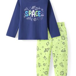 Honeyhap 100% Premium CottonKnit Full Sleeves Space Theme Printed Night Suit - Navy Peon & Sunny Lime-picture-41