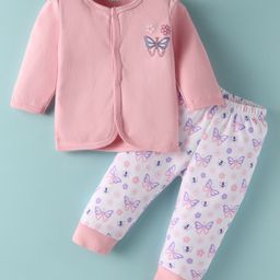 BUMZEE Cotton Knit Full Sleeves Nightsuit with Butterfly Print - Pink & White-picture-45