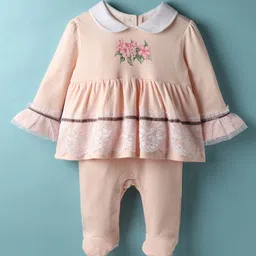 ToffyHouse Interlock Knit Full Sleeves Footed Frock Style Sleep Suit with Frill Detailing & Floral Print - Peach-image-3