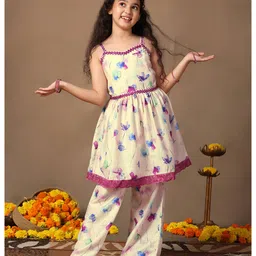 Fashion Dream Cotton Blend Woven Sleeveless Floral Printed Lace Detailed Coordinating Kurti Palazzo Set - Off White-picture-23