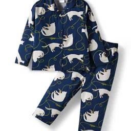 Ollypop Sinker Knit Full Sleeves Co-ords Night Suit With Animal Print - Navy Blue-picture-34