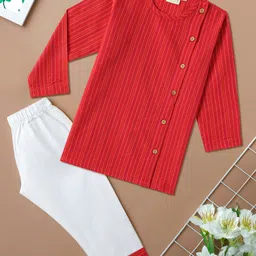 Desi Soota Cotton Woven Full Sleeves Katha Work Detailed Kurta & Pyjama Set - Red-picture-20