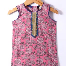 Saka Designs Cotton Woven Sleeveless Floral Printed Kurta Patiala Set with Dupatta & Lace Detailing - Navy Blue image 2
