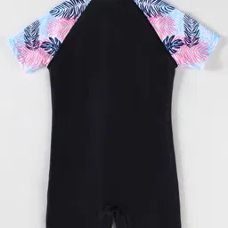 Pine Kids Half Raglan Sleeves Legged Swimsuit With Leaf Print - Black image 2