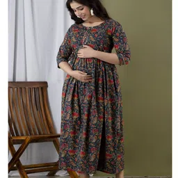 NEVISHA STYLE Cotton Woven Three Fourth Sleeves Floral Printed Maternity Kurta With Side Zipper Nursing Access - Blue image 4