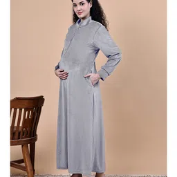 Secret Wish Velvet Woven Full Sleeves Solid Nighty With Front Zipper Nursing Access - Grey image 4