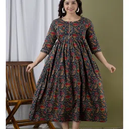 NEVISHA STYLE Cotton Woven Three Fourth Sleeves Floral Printed Maternity Kurta With Side Zipper Nursing Access - Blue image 5