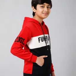 ALAN JONES Cotton Blend Knit Full Sleeves Fun & Play Text Printed Light Winter Hooded Sweatshirt - Red image 5