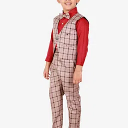 Pro-Ethic Style Developer Kids Red & Dusty Pink Checks Full Sleeves Shirt, Waistcoat, Pants with Bow image 4