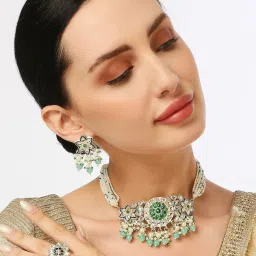 OOMPH Green Beads & Kundan Multi Layer Choker Necklace Set with Ring for Women image 4