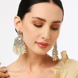 OOMPH Gold-Plated Jadau Kundan & Pearl Ethnic Large Dangler Earrings for Women image 4