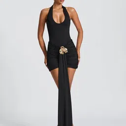 LULU & SKY Women Halter Neck Ruched Ruffle Draped Bodycon Mini Dress-picture-35