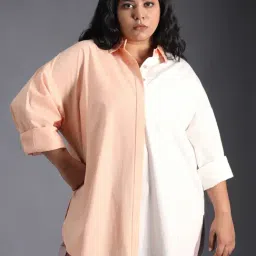High Star White & Peach Cotton Color-Block Oversized Shirt-picture-27