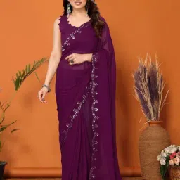 Odette Purple Embellished Saree With Unstitched Blouse-image-0